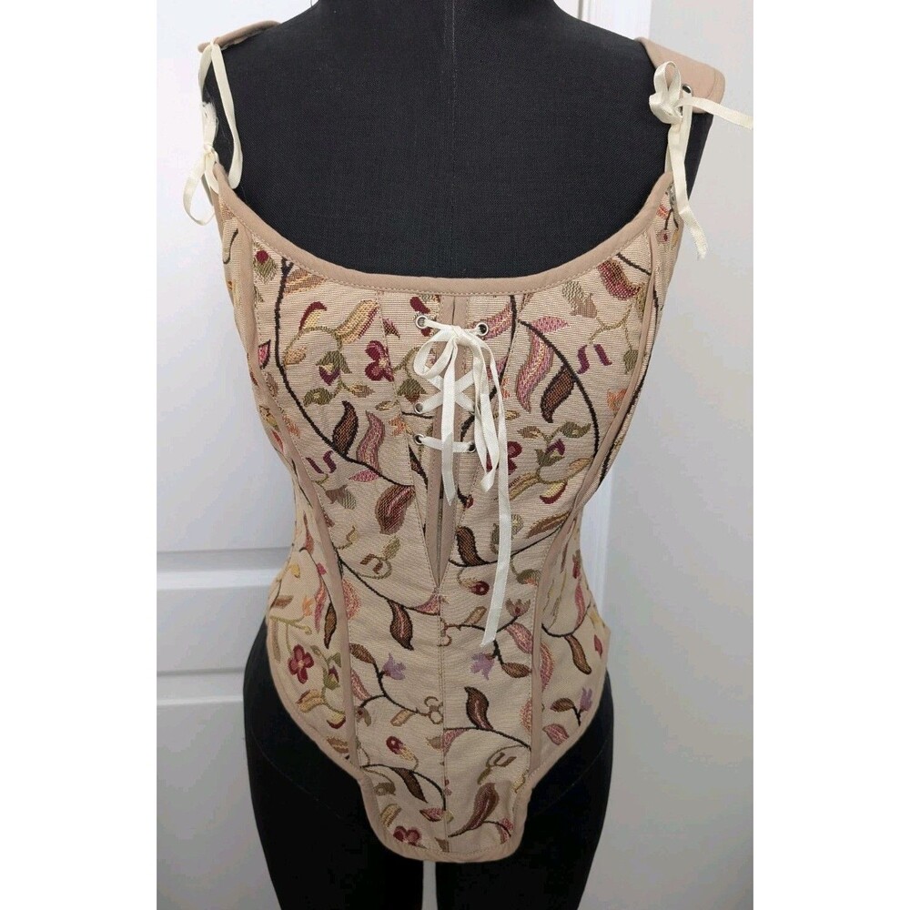 Historic Brocade High Back Overbust Corset Story Beige Tapestry Floral Size 24"
